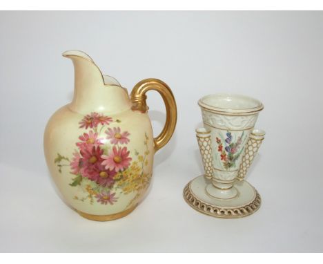 A Royal Worcester blush ivory flat back jug with painted and gilded floral sprays and with puce printed mark to base number 1