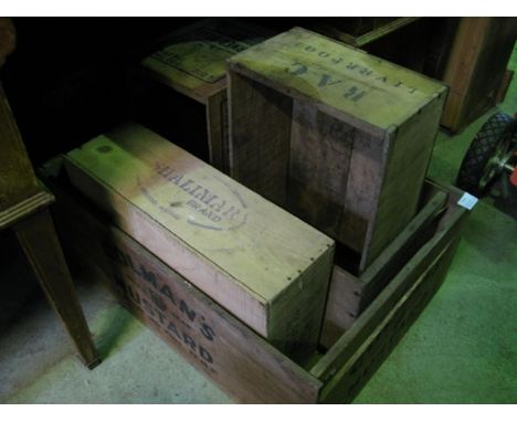 Five vintage wooden packing crates inclduing a Colman's Mustard example