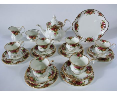 A collection on Royal Albert Old Country Roses pattern tea wares comprising tea pot, milk jug, sugar bowl, cake plate, six cu