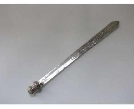 A Chinese silver letter knife, the blade with engraved floral detail, the knop with floral detail