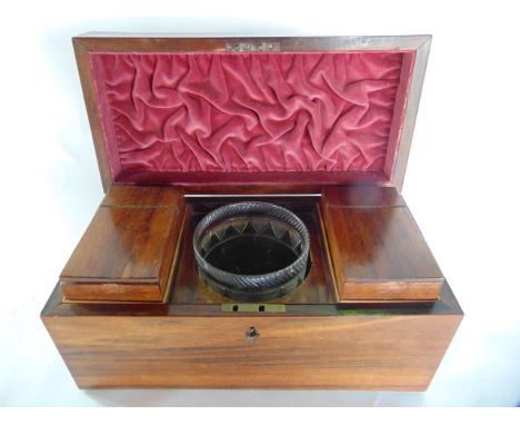 A Victorian tea caddy of rectangular form with glass mixing bowl and two individual canisters