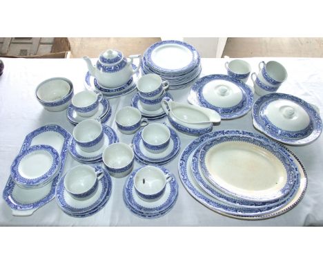 A collection of Soho pottery Satsuma pattern blue and white printed dinner and tea wares comprising three oval graduated meat