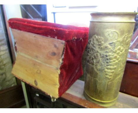 A  vintage copper umbrella/stickstand of cylindrical form with fruiting vine detail and later gilt finish 