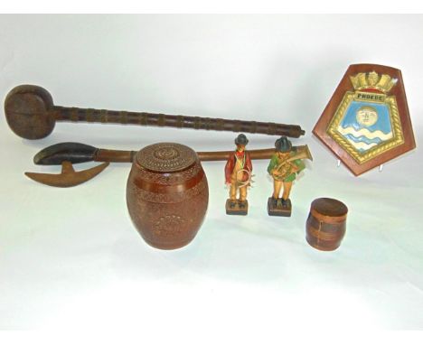 An Indian carved hardwood barrel shaped tea caddy, an African Knobkerry club and axe etc
