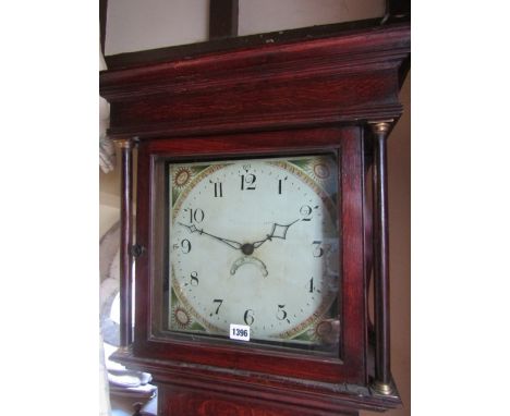 A Georgian oak cottage longcase clock, the trunk with full length door enclosing a square painted dial with sunflower spandre