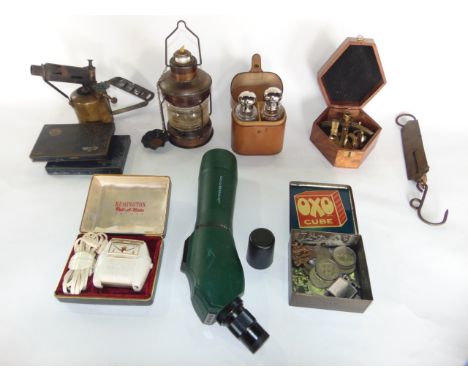 Miscellaneous effects including a Clubman 15-45x60 monocular, set of brass balance scales, brass blow torch, small boxes, poc