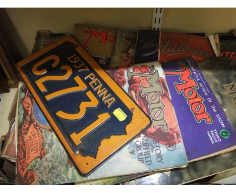 A quantity of vintage motoring magazines, mainly dating from the 1930s together with a USA metal car number plate - 1937 PENN
