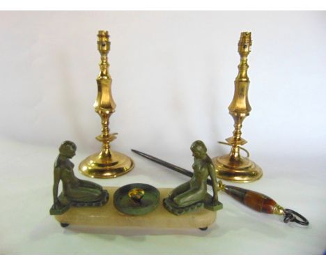 A pair of 19th century style brass lamps adapted for electricity on turned bases, a Victorian steel and an art deco table lam