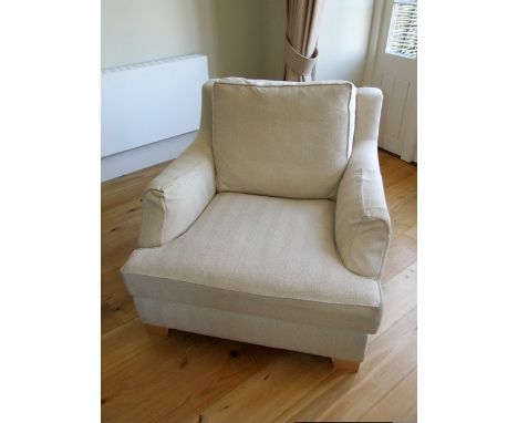 A pair of Wesley Barrell Hensington model chairs, fabric by Robert Allen, Orvis-Alabaster coloured material on a natural colo