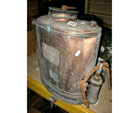 A vintage copper back pack sprayer with brass label - The Four Oaks, sole manufacturers Sutton Coldfield