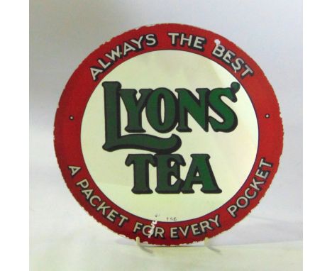 A vintage shop advertising sign, Lyons Tea, printed in a green and red colourway on a circular mirror, 27cm diameter