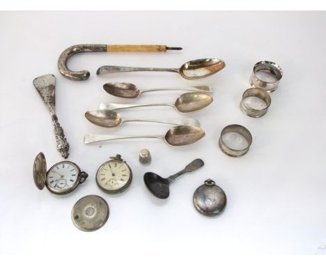 A mixed lot of Victorian and later silver to include a silver and bone parasol handle, three silver cased pocket watches, a s
