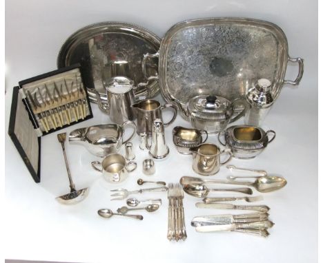 A quantity of plated wares including a three piece tea service with gadrooned detail, an oval tray and a further two handled 