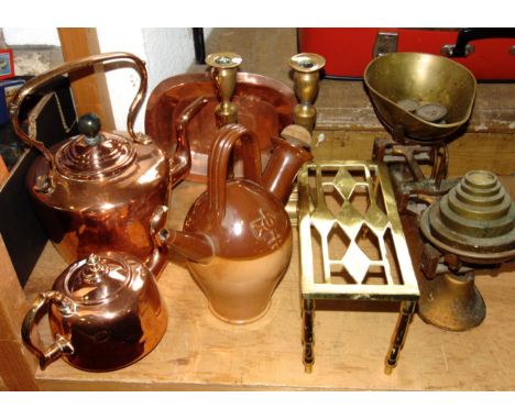 A Doulton salt glazed Old Sarum kettle, a 19th century copper kettle, a further copper kettle, a pair of 19th century bell me