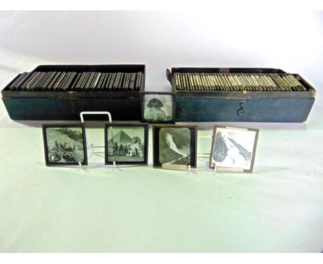 Approx 50 magic lantern slides in monochrome, all showing views of Egypt including street scenes, grain boats, Sphinx, archit