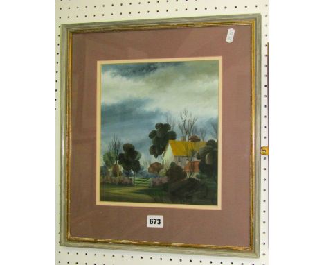 A 20th century gouache study of a house beneath a stormy sky, signed bottom right R Constable and dated February 5th 1972, in