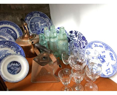 A collection of blue and white printed plates, including a Spode Italian pattern example and a Spode Edwardian Childhood patt