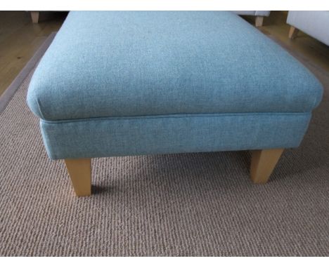 A Wesley Barrell sofa table supplied by Hazelton with linwood fabric in a green colourway on square tapered beechwood support