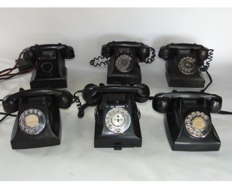 Six vintage telephones with chrome fittings, all in black colourway
