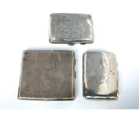 Three Victorian and later silver cigarette cases, one engine turned example and two bright cut single examples, 270 g