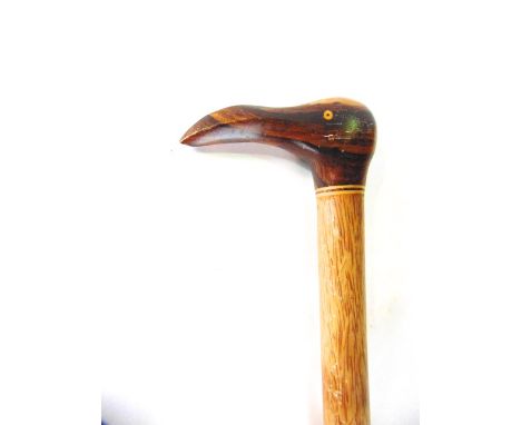 A walking stick with sea bird handle in carved timber signed Randy Christian, Pitcairn Island, 2003