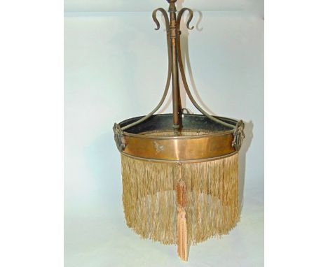 An Edwardian rise and fall electric lamp with a plate glass conical shaped shade and a further Edwardian electric light with 