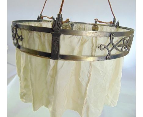 An Edwardian counterweight ceiling light for three bulbs with pierced and scrolled detail, 47cm diameter