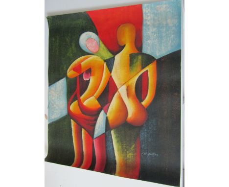 A pair of unframed oil paintings on canvas painted in the Cubist manner showing figure subjects, one signed bottom right V Bi