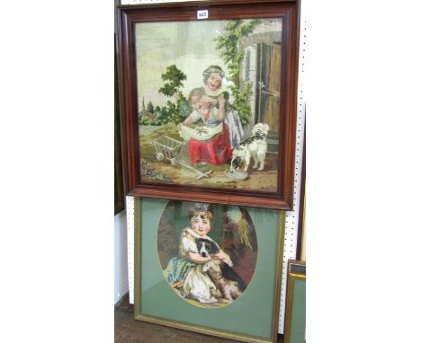 A 19th century woolwork tapestry panel of two children playing with a toy cart and accompanied by a black and white dog, 50 x