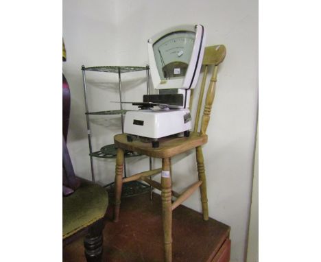 A Windsor elm and beechwood stick back dining chair, together with a vintage Yandale & Son scale to weigh 1lb and a floor sta