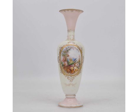 A Victorian glass vase, enamel decorated with bird amongst flowers, height 30cm