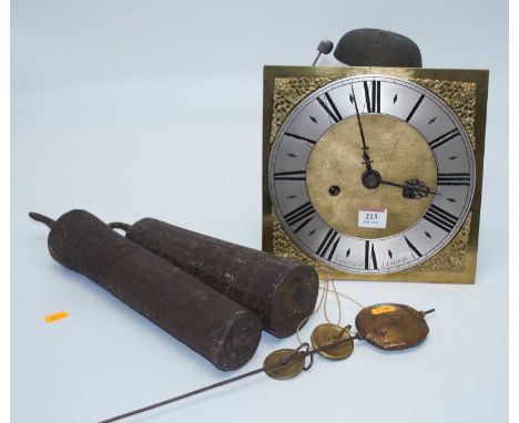 An 18th century brass long case clock dial and movement, the 9" silvered chapter ring showing Roman numerals and signed Garra