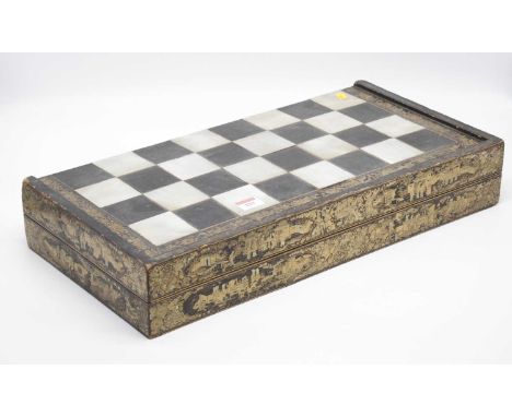 A 19th century Chinese Canton export lacquered games box, of hinged rectangular form, the chess board top with alternating mo