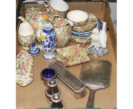 A box of mixed ceramics, to include a Royal Winton part tea set, a Royal Copenhagen figure of doves etcName of the design is 