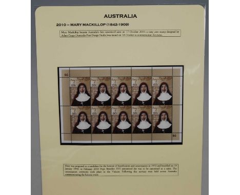 Australia, a collection of stamps and covers to include 2010 Canonisation of Mary Mackillop 60c sheet of ten stamps, 1992 Cen