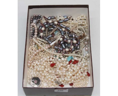 A box of miscellaneous costume jewellery to include faux pearl choker and three stringed choker with hardstone clasp and vari