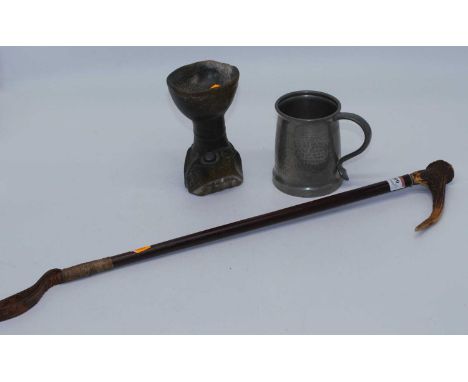 A carved stone libation cup; together with a pewter tankard; and a riding crop (3)