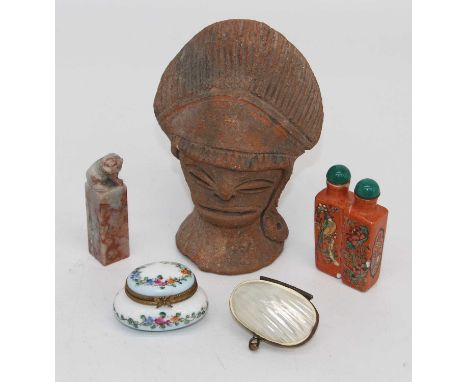 A small collection of miscellaneous items to include a terracotta bust having a high headdress, face with incised features, p