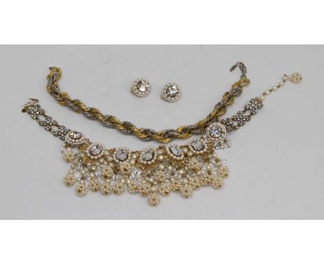 A small collection of costume jewellery to include faux pearl and paste set fringe necklace with matching earrings