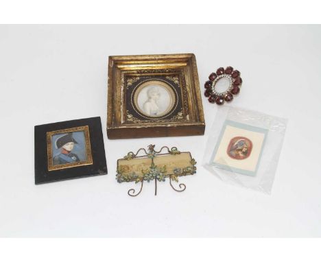 19th century French school - Miniature portrait of an officer, 6 x 5cm; together with other pictures and framesThe gentleman 