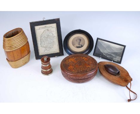 A box of miscellaneous items to include a hand coloured map of Norfolk, a photographic portrait miniature, an oak pepper grin