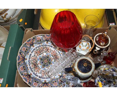 A box of mixed ceramics and glassware to include a barge ware teapot