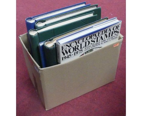 A box of stamp albums; together with an Encyclopedia of World Stamps 