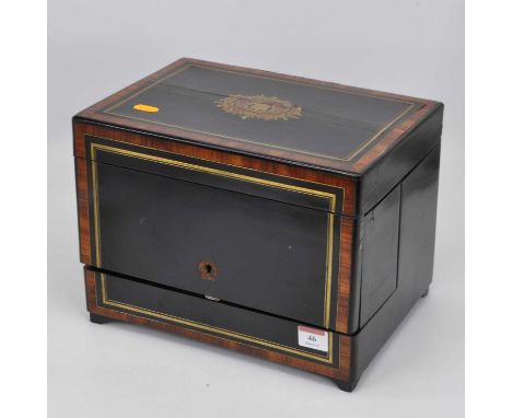 A 19th century ebonised rosewood and brass banded box with fitted interior, on bracket feet, width 30cm