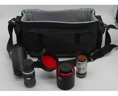 A Hama bag containing various lenses to include a Leitz, Tameron and Minolta