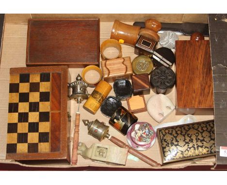 A box of various items, to include a backgammon set, mauchlinware and treen