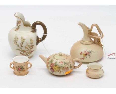 A Royal Worcester Old Ivory cleft jug, h.13cm; together with four Royal Worcester blush ivory items (5)