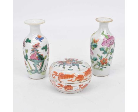 A pair of Chinese porcelain vases, enamel decorated with flowers, height 12cm, together with a similar Chinese porcelain box,