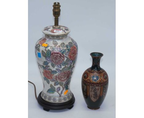 A Chinese cloisonne enamel decorated vase, height 25cm, together with a floral decorated porcelain table lamp