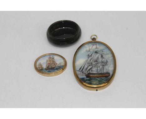 A reversed painted pendant depicting a ship The Etahalion in gilt metal mount, together with a similar trinket jar and cover 